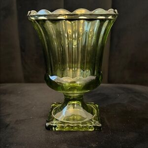 Vintage Green Glass Pedestal Bowl with Scalloped Edge
